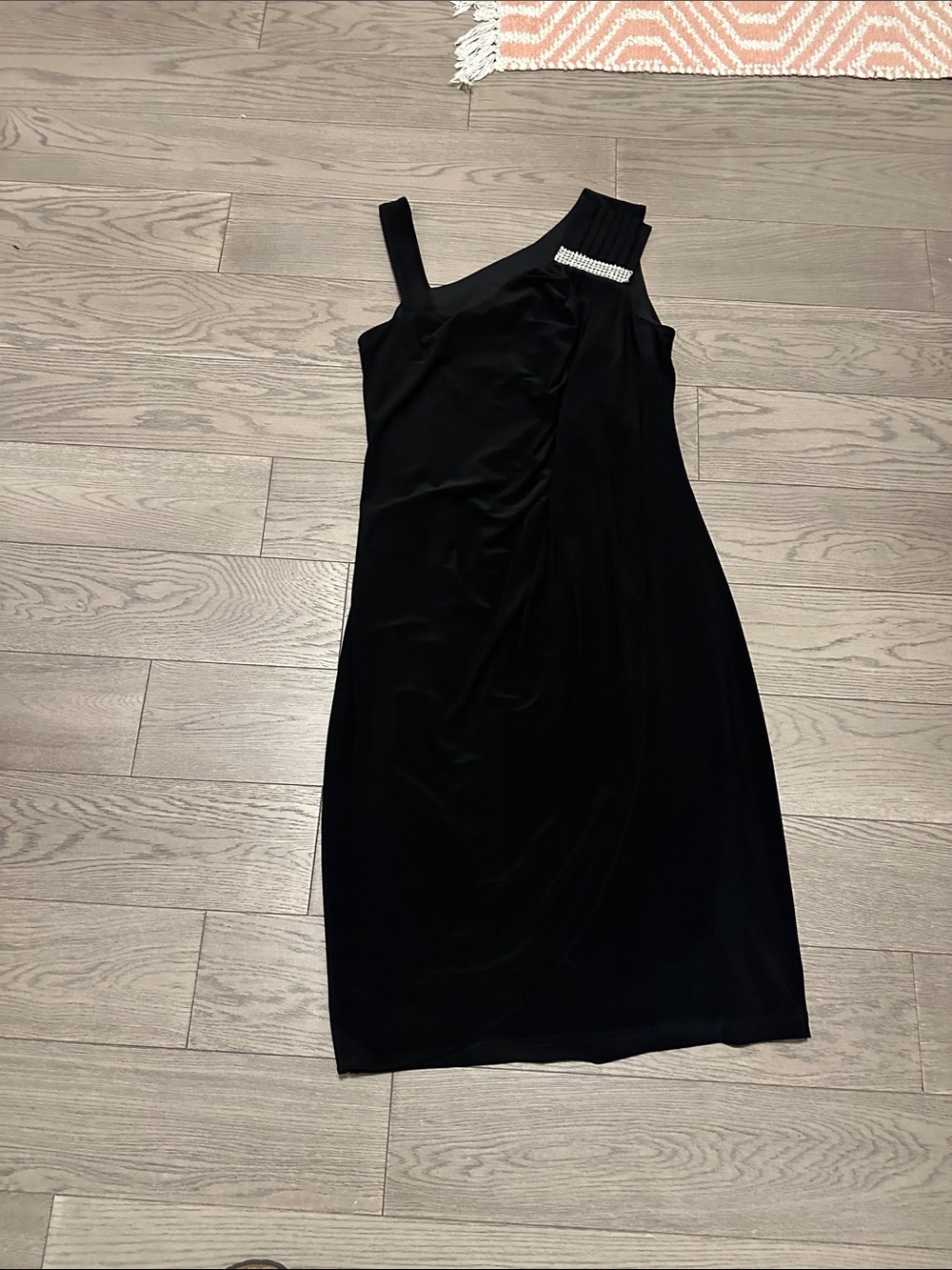 Joseph Ribkoff Black One-Shoulder Dress with Rhinestone Accent